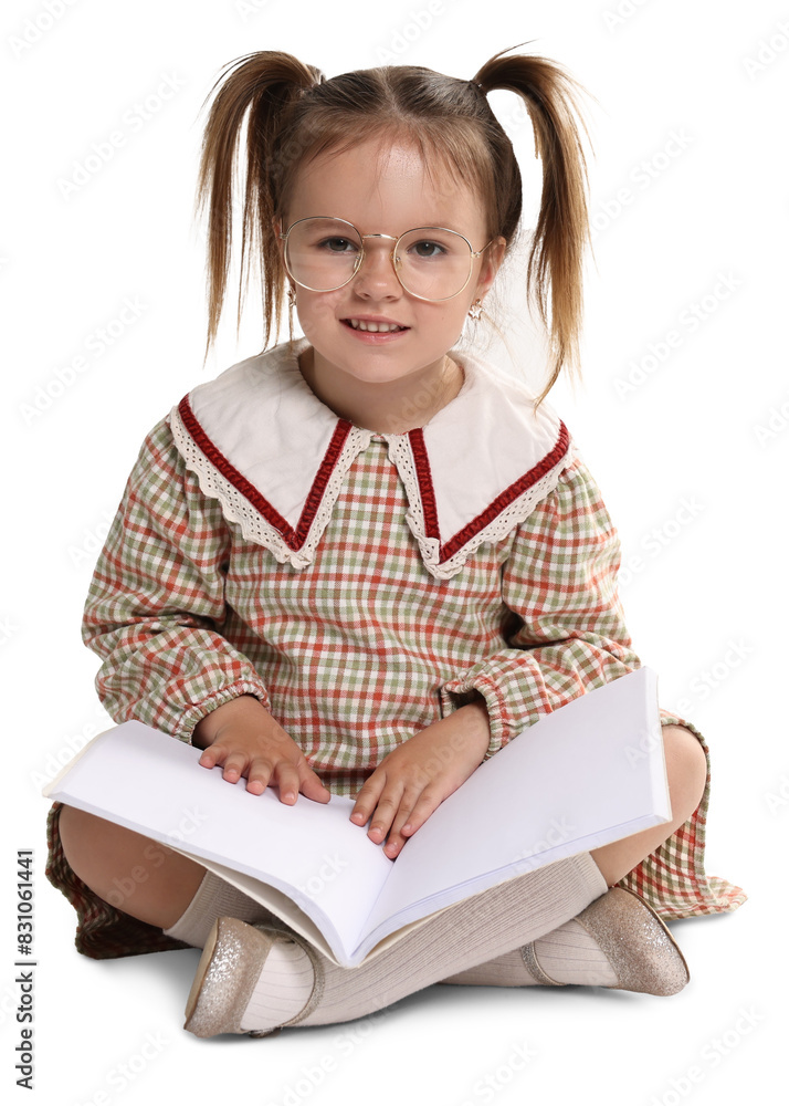 Cute little girl with book on white background Cute little girl with book on white background