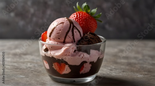 A delicious combination of chocolate, vanilla, and strawberry ice cream or pastry in a transparent bowl. Artificial Intelligence
