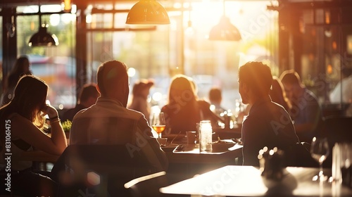 Presentation restaurant and business people in lunch meeting for discussion planning and group work Coffee shop teamwork and men and women talking for team building collaboration and i : Generative AI