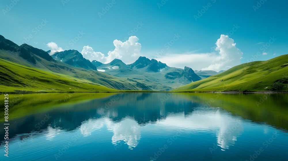 mountain lake green hills