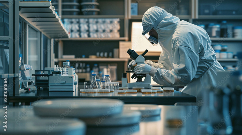 Researcher in Hazmat Suit Analyzing Microbial Cultures in Lab Researcher in Hazmat Suit Analyzing Microbial Cultures in Lab