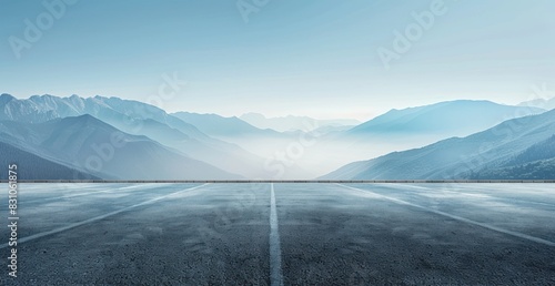 Beautiful blue mountain background with fog and empty asphalt floor