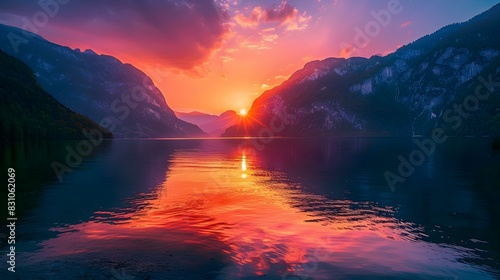 sunset mountains and lake img photo