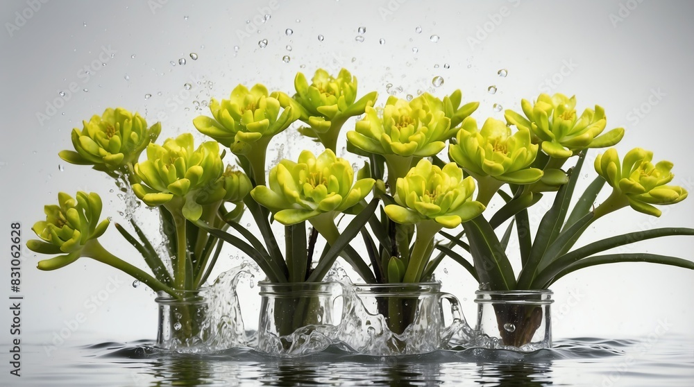 Obraz premium bunch of euphorbia flowers on plain white background with water splash