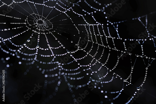 A spiderweb with water drops on it in front of a dark background
