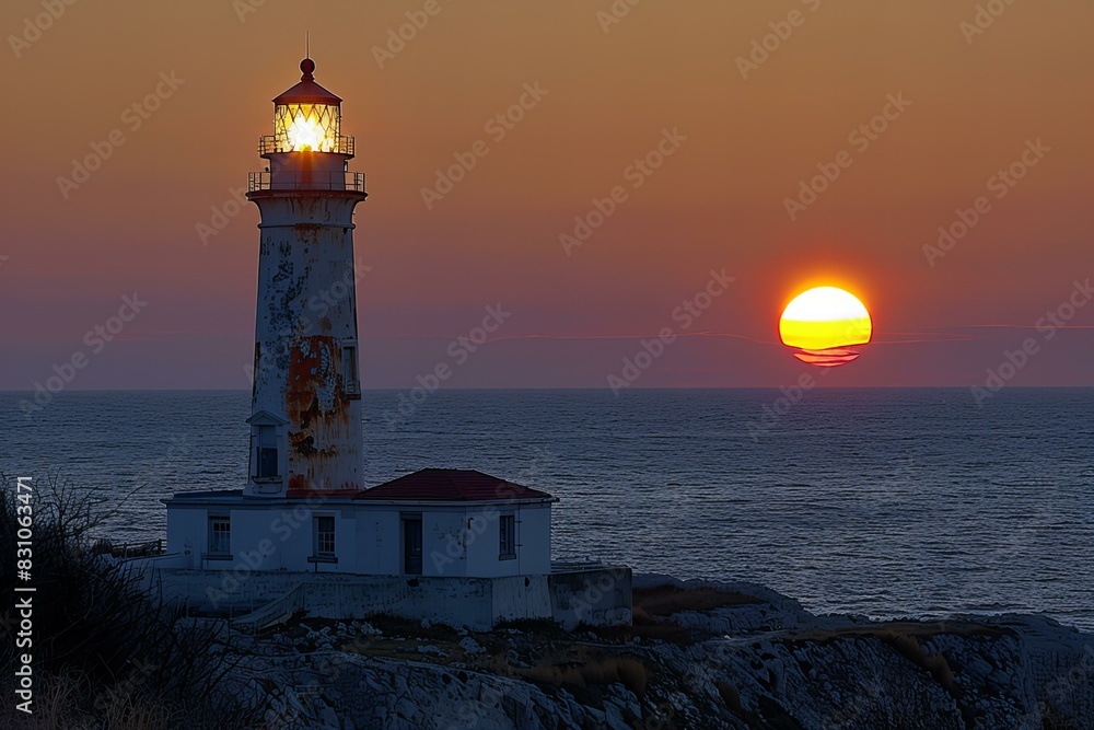 A lighthouse with a sun rising behind it, high quality, high resolution