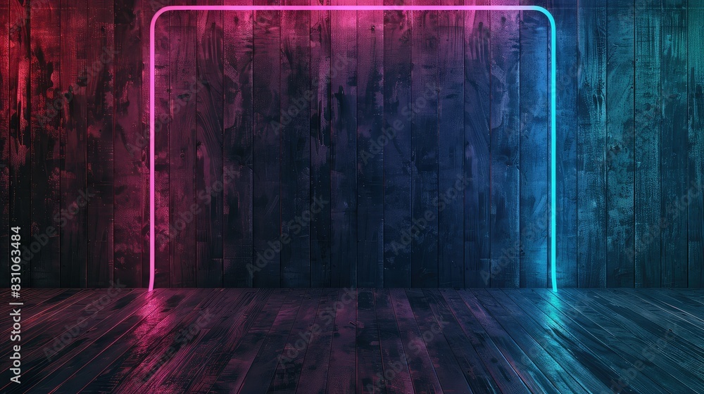 Abstract blue and pink neon glowing rectangle frame in dark room, 3d render.