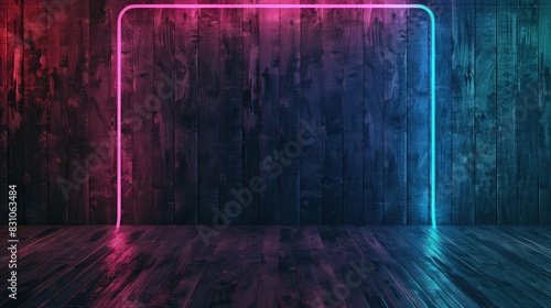 Abstract blue and pink neon glowing rectangle frame in dark room  3d render.