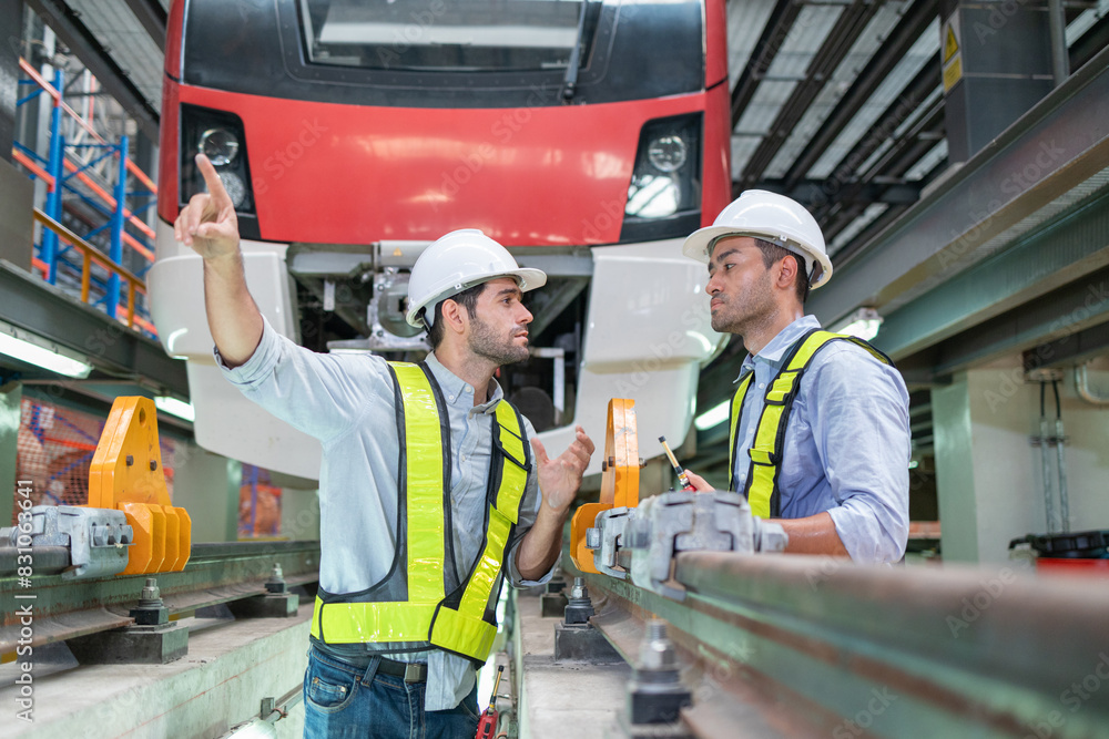 Train Engineers Discussing Maintenance in Depot Train Engineers Discussing Maintenance in Depot