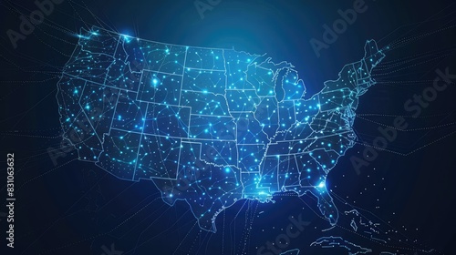 Abstract glowing plexus map of United States of America on dark blue background.