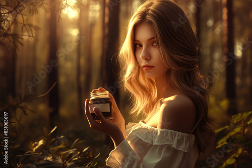 Beautiful blonde woman with jar of moisturizer cream on a background of forest in the sunlight. Organic, natural cosmetics concept.