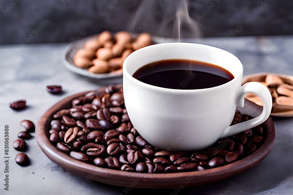 Coffee beans and cup of coffee on dark table, perfect for a cozy morning brew. Coffee beans and cup of coffee on dark table, perfect for a cozy morning brew.