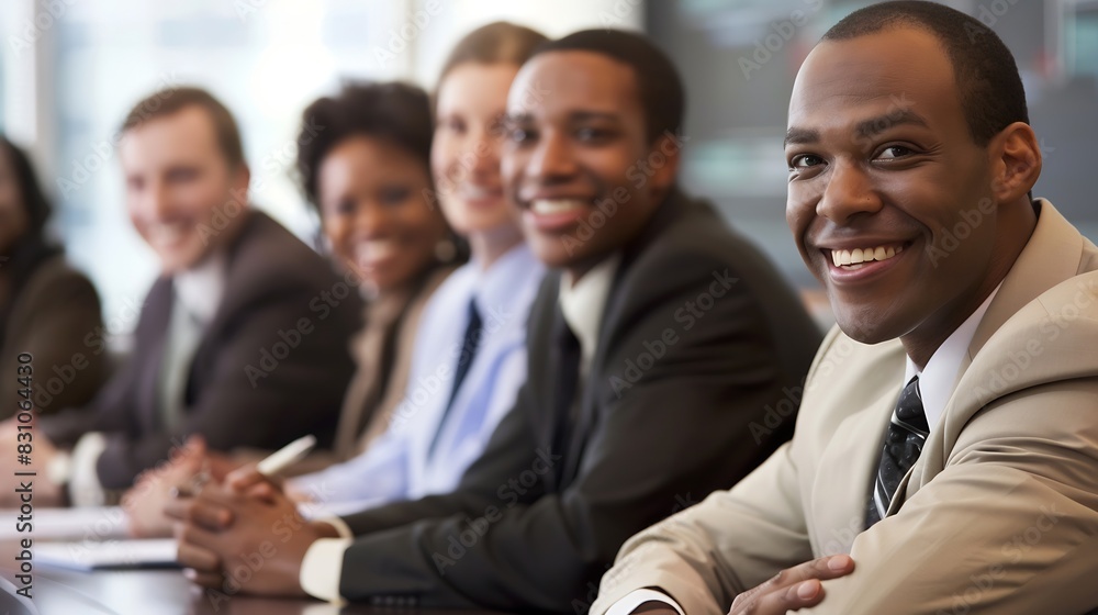 Group of diverse business people sitting in a boardroom smiling and paying attention as they hear a presentation Successful professionals having a meeting and working as a team in an o : Generative AI Group of diverse business people sitting in a boardroom smiling and paying attention as they hear a presentation Successful professionals having a meeting and working as a team in an o : Generative AI
