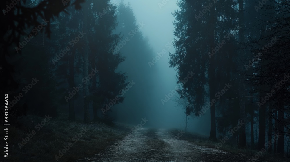 Fototapeta premium Mysterious Dark Forest Path In Foggy Blue Morning With Tall Trees And Misty Atmosphere