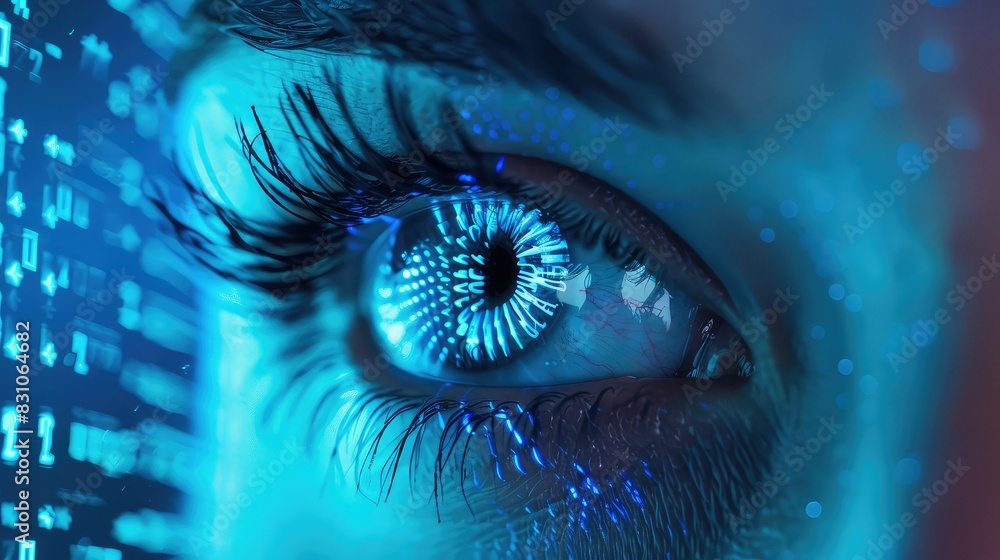 Blue eyeball macro photography with technology theme