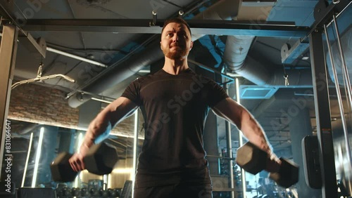 A determined man doing dumbbell lateral raises at the gym. Strength, focus, and fitness dedication are evident as he works on his shoulder muscles in a well-equipped gym environment. photo