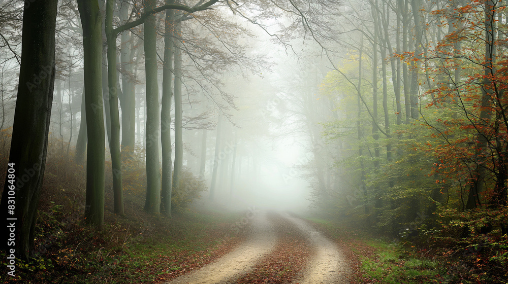 Obraz premium Misty Autumn Forest Pathway With Tall Trees And Foggy Atmosphere, Natural Landscape For Tranquility And Serenity, Ideal For Nature And Travel Themes, Perfect For Desktop Wallpapers And Prints