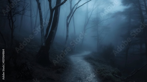 Mystical Foggy Forest Path At Night With Eerie Trees And Misty Atmosphere In A Spooky Landscape Along Serene Nature Hiking Trail