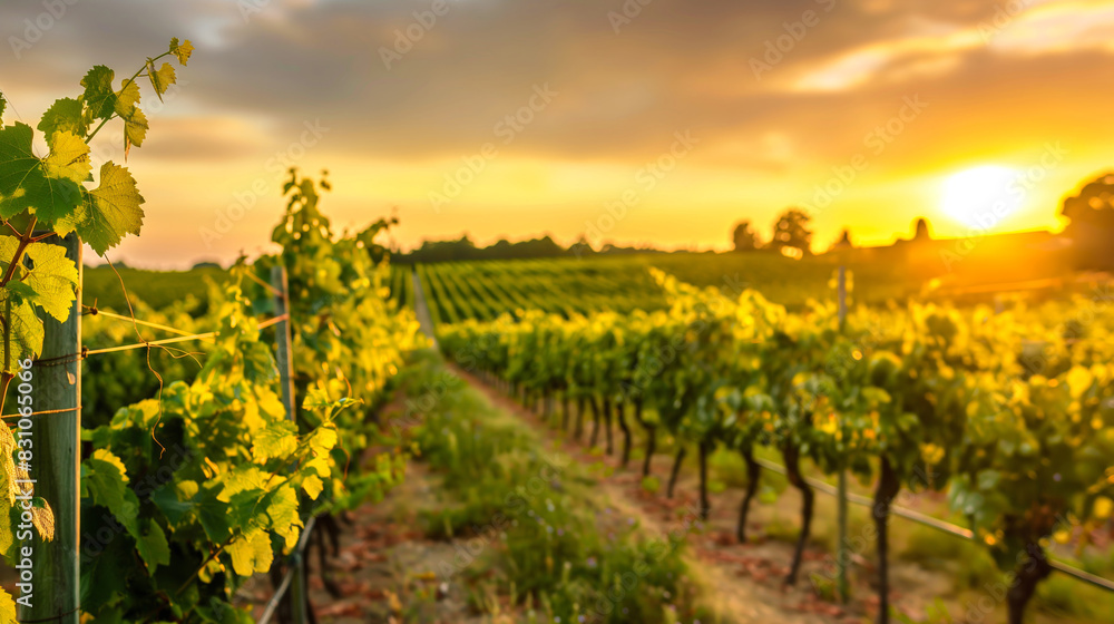 Naklejka premium Golden Sunset Over Lush Vineyard Rows During Summer