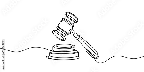 Continuous line drawing of hammer judge on Black and white background