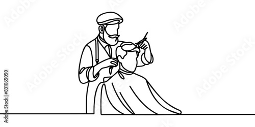 Continuous line drawing cutting hair at the barbershop.