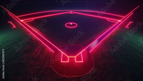 illuminated baseball diamond with green grass and red lights
