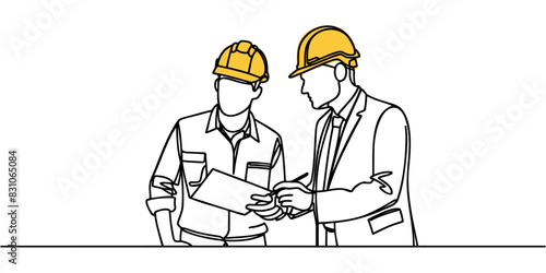 One line illustration of two male architects, engineers or contractors talking about a project