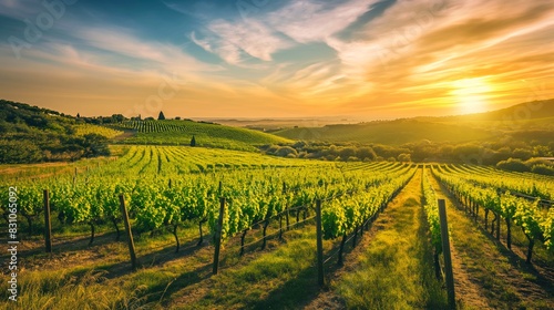 Golden Sunset Over Vineyards In Tuscany, Italy Featuring Rolling Hills, Lush Green Vines, Picturesque Landscape And Warm, Vibrant Colors Embracing Serenity Of Countryside Nature