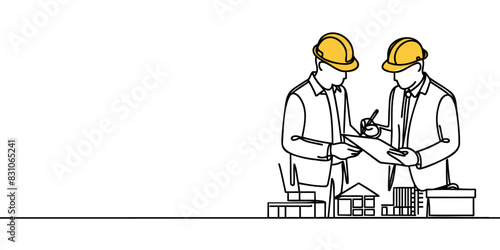 One line illustration of two male architects, engineers or contractors talking about a project