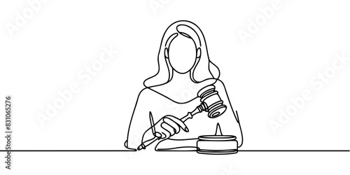 Continuous line drawing of hammer judge on Black and white background