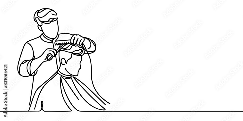 Fototapeta premium Continuous line drawing cutting hair at the barbershop.