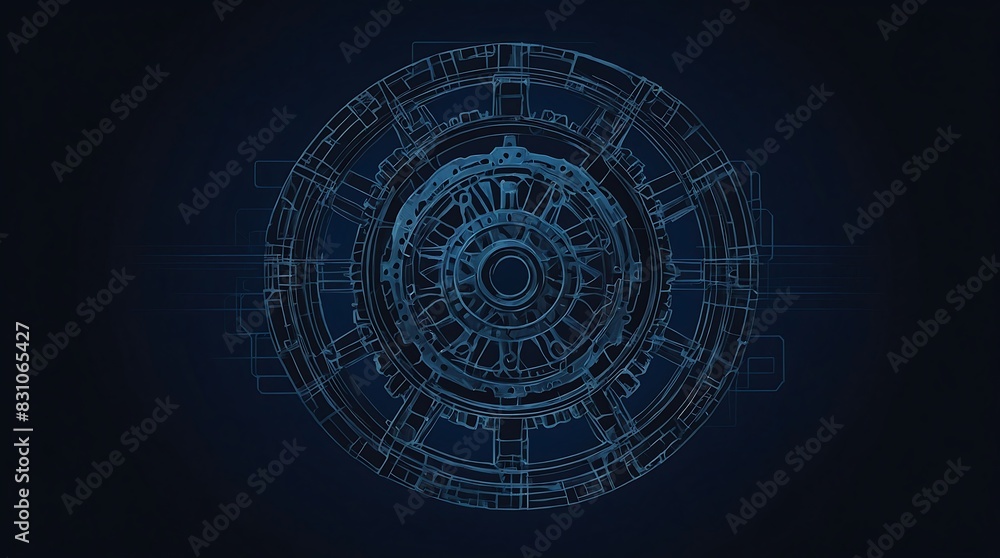 Fototapeta premium Vector wireframe representation of a gear on a dark blue background.