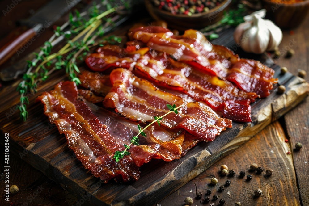 A wooden cutting board displaying freshly sliced bacon strips A wooden cutting board displaying freshly sliced bacon strips