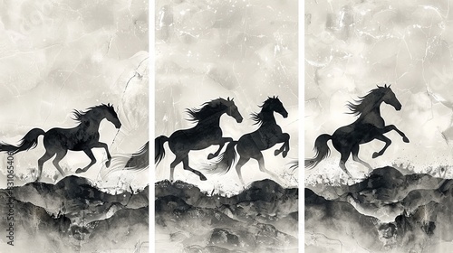 Modern 3-panel wall art, intricate marble texture background, 8 black horse silhouettes in various running positions, minimalist style photo