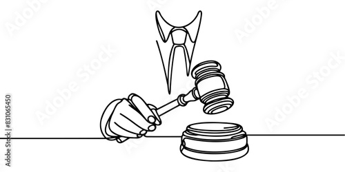 Continuous line drawing of hammer judge on Black and white background