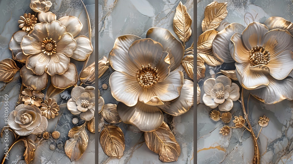 Marble background 3-panel wall art, close-up of elegant golden and silver flower designs, rich texture and refined details Marble background 3-panel wall art, close-up of elegant golden and silver flower designs, rich texture and refined details