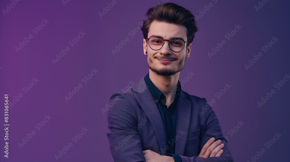 Young buisnessman wearing eyeglasses jacket and shirt holding arms crossed looking at camera with happy confident smile standing against purple background : Generative AI Young buisnessman wearing eyeglasses jacket and shirt holding arms crossed looking at camera with happy confident smile standing against purple background : Generative AI