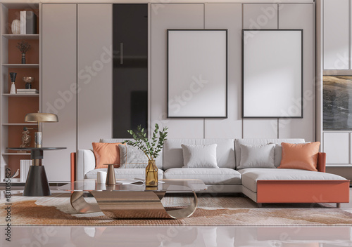 mock up poster frame in interior background  living room. 3D render  3D illustration