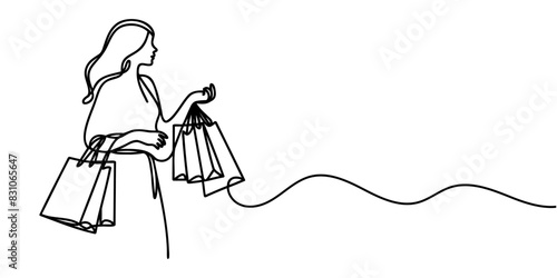Continuous one line drawing of a woman holding paper bags after shopping