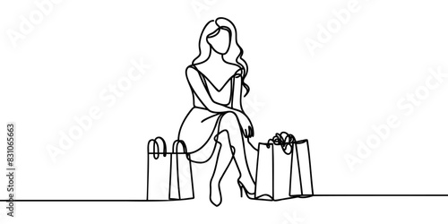 Continuous one line drawing of a woman holding paper bags after shopping