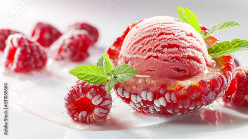 A scoop of tangy raspberry sorbet served in a hollowed-out raspberry.