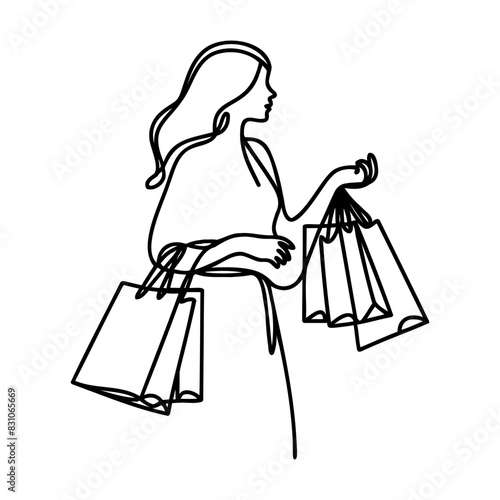 Continuous one line drawing of a woman holding paper bags after shopping