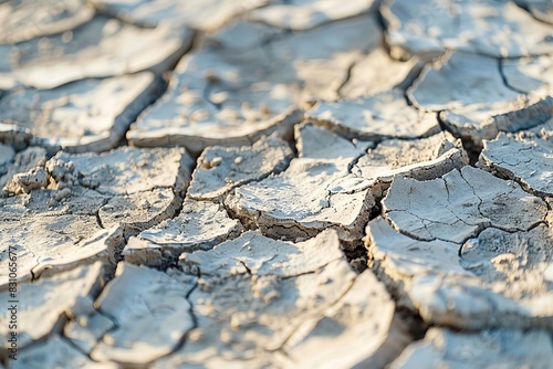 A close-up of the earth's dry, cracked surface, focusing on the texture and depth of the cracks for ecological awareness.