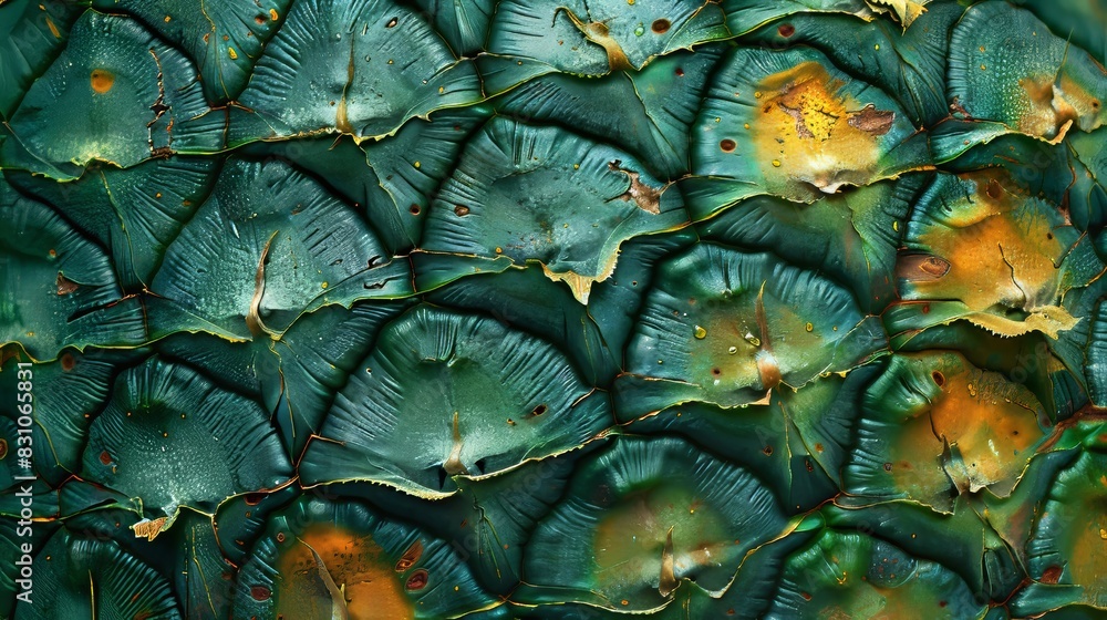 Fototapeta premium Macro image of pineapple skin with its rough texture and green hues, isolated background, studio lighting, raw style