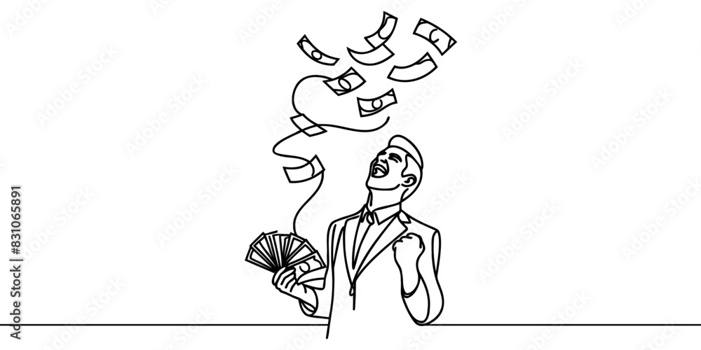 Obraz premium Male businessman rejoices at banknotes falling on him drawn in one line.