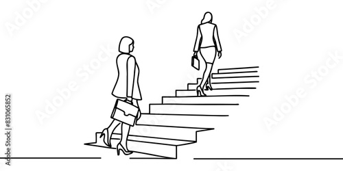 business and education concept. Woman climbing stairs continuous one line drawing