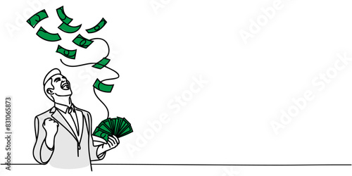 Male businessman rejoices at banknotes falling on him drawn in one line.