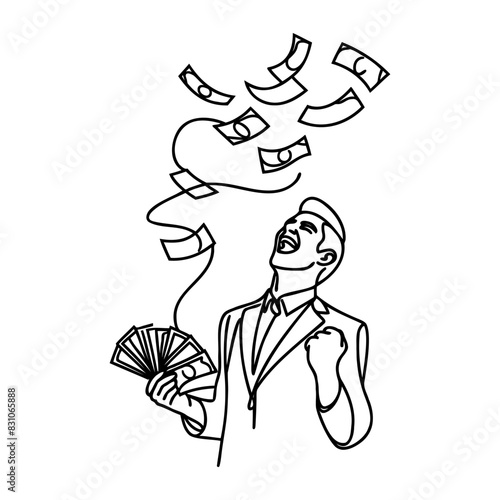Male businessman rejoices at banknotes falling on him drawn in one line.