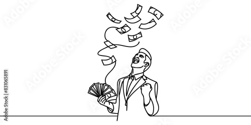 Male businessman rejoices at banknotes falling on him drawn in one line.