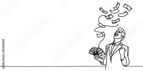 Male businessman rejoices at banknotes falling on him drawn in one line.